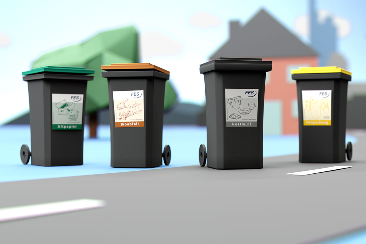 Vier Abfalltonnen auf Strasse