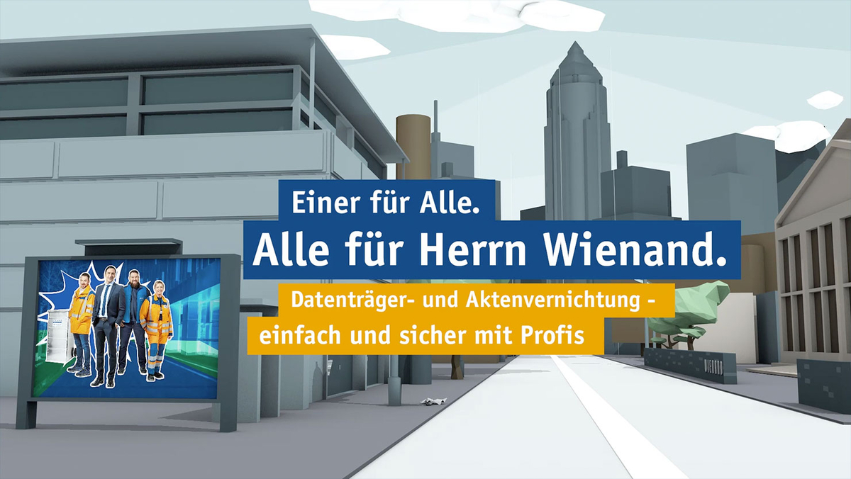 Illustration moderner Gebäudekulisse mit Plakat Aktenvernichtung